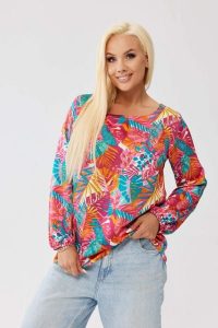 Bluzka Amira Tropicana - kolorowy print z wiązaniem na plecach PLUS SIZE XXL OVERSIZE JESIEŃ. Bluzki Moda Size Plus Iwanek, plus size, bez wzorów, z elastanu, eleganckie, bez kołnierzyka, plus size, bez ramiączek. Za 179,90 zł.