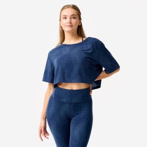 Koszulka do tańca modern jazz, damska, Starever crop top. Niebieskie topy DOMYOS, l, bez wzorów, z elastanu, eleganckie, bez kołnierzyka, bez ramiączek. Za 59,99 zł.