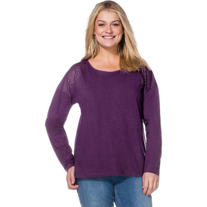 Koszulka w kolorze fioletowym. Fioletowe bluzki marki Sheego, z bawełny, z okrągłym kołnierzem, z długim rękawem. W wyprzedaży za 43,95 zł.