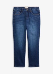 Jeansy straight, średni stan, krótsza nogawka. Niebieskie jeansy bonprix, bez wzorów, z denimu, krótkie. Za 189,99 zł.