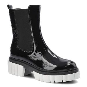 Botki damskie Chebello, wysoka cholewka ze skóry naturalnej lakierowanej z ulastycznymi wstawkami na wysokiej płaskiej podeszwie, czarne, 2787-240-MI. Czarne botki CheBello, bez wzorów, z lakierowanej skóry, przed kolano, bez obcasa, na płaskiej podeszwie, bez zapięcia. Za 299,00 zł.