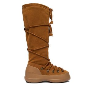 Śniegowce Moon Boot. Brązowe buty zimowe Moon Boot, bez obcasa, bez zapięcia. Za 849,00 zł.