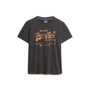 T-shirt z fantazyjnym logo dla kobiet Superdry Vintage. Czarne t-shirty Superdry, bez wzorów, bez kołnierzyka, bez ramiączek. W wyprzedaży za 144,00 zł.