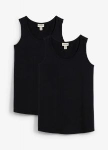 Top ciążowy i do karmienia piersią z bawełny (2 sztuki). Czarne topy bonprix, bez wzorów, z bawełny, bez kołnierzyka, bez ramiączek. Za 124,99 zł.