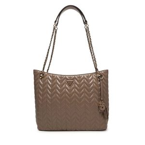 Torebka Guess. Brązowe shopper bag Guess, z aplikacjami, bez dodatków. Za 799,99 zł.