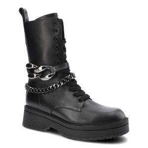 Botki damskie Karino, cholewka ze skóry naturalnej sznurowanie i suwak dodatkowy pasek z metalowym łańcuchem masywna podeszwa, czarne, 3960-076-F. Czarne botki Karino, bez wzorów, ze skóry, bez obcasa, bez zapięcia. Za 409,00 zł.