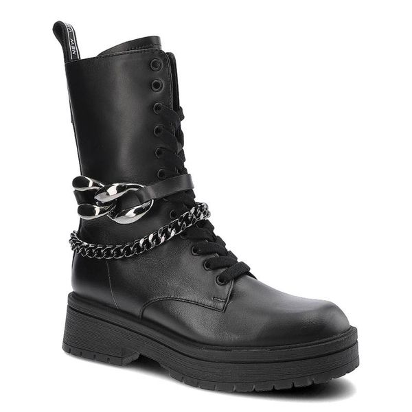 Botki damskie Karino, cholewka ze skóry naturalnej sznurowanie i suwak dodatkowy pasek z metalowym łańcuchem masywna podeszwa, czarne, 3960-076-F. Czarne botki Karino, bez wzorów, ze skóry, bez obcasa, bez zapięcia. Za 409,00 zł.