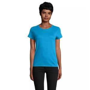 Dopasowana koszulka T-shirt z jerseyu dla kobiet Sol's Pioneer. Niebieskie t-shirty SOL'S, s, bez wzorów, z jersey, bez kołnierzyka, bez ramiączek. Za 30,50 zł.