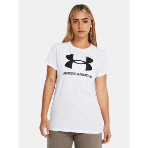 Koszulka fitness damska UNDER ARMOUR 1356305 z krótkim rękawem. Białe bluzki Under Armour, m, bez wzorów, sportowe, bez kołnierzyka, bez ramiączek. Za 79,75 zł.