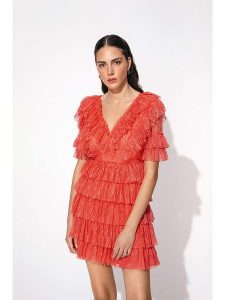 By Malina Sukienka "Sky" w kolorze koralowym rozmiar: XS. Czerwone sukienki By Malina, xs, bez wzorów, z koronki, bez kołnierzyka, bez ramiączek, mini. Za 228,38 zł.