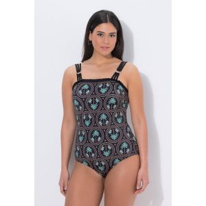 Damskie Strój kąpielowy palmy okrągły dekolt miękkie miseczki z recyklingu. Czarne stroje jednoczęściowe Ulla Popken, bez wzorów, z elastanu. Za 239,99 zł.