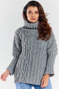 Sweter Oversize z Golfem - Szary. Szare golfy Awama, bez wzorów, z materiału. Za 229,90 zł.