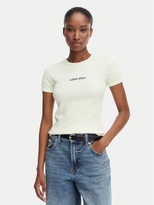 Calvin Klein Jeans T-Shirt LV047G816G Kremowy Slim Fit. Białe t-shirty Calvin Klein Jeans, s, bez wzorów, z bawełny, bez kołnierzyka, bez ramiączek. Za 229,99 zł.