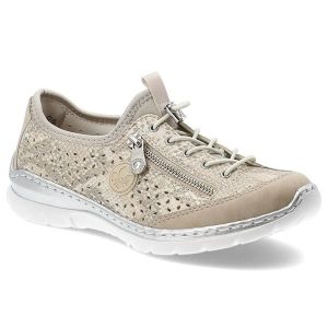 Półbuty damskie Rieker, skóra naturalna ażurowa cholewka elastyczne sznurowanie suwak boczny miękka wkładka lekka i amortyzująca podeszwa, złote, L32. Żółte półbuty Rieker, w ażurowe wzory, ze skóry, bez obcasa, na płaskiej podeszwie, bez zapięcia. Za 359,00 zł.