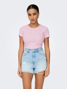 ONLY Koszulka "Emma" w kolorze jasnoróżowym rozmiar: XL. Różowe bluzki ONLY, xl, bez wzorów, prążkowane, bez kołnierzyka, bez ramiączek. Za 37,30 zł.