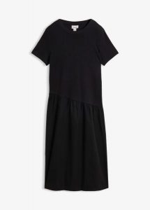 Sukienka T-shirtowa z mieszanki materiałów. Czarne sukienki bonprix, bez wzorów, z bawełny, bez kołnierzyka, bez ramiączek, midi. Za 79,99 zł.