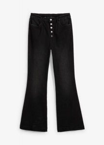 Jeansy z rozszerzanym dołem, high waist, z wygodnym pasem. Czarne jeansy bonprix, bez wzorów, z jeansu, z podwyższonym stanem. Za 169,99 zł.