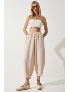 Happiness Istanbul Spodnie w kolorze beżowym rozmiar: 36. Brązowe spodnie z wysokim stanem Happiness Istanbul, bez wzorów, z materiału, z podwyższonym stanem. Za 60,99 zł.