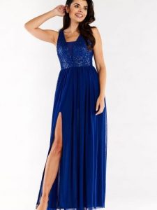 Sukienka Model A486 Blue - awama. Niebieskie sukienki Awama, na wesele, l, z aplikacjami, z elastanu, eleganckie, bez kołnierzyka, plus size, bez ramiączek, maxi. Za 610,80 zł.