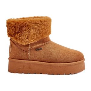 Śniegowce Na Platformie Z Futerkiem Big Star OO274A106 Camel beżowy. Brązowe buty zimowe z gumy, bez obcasa, na platformie, bez zapięcia. Za 182,49 zł.