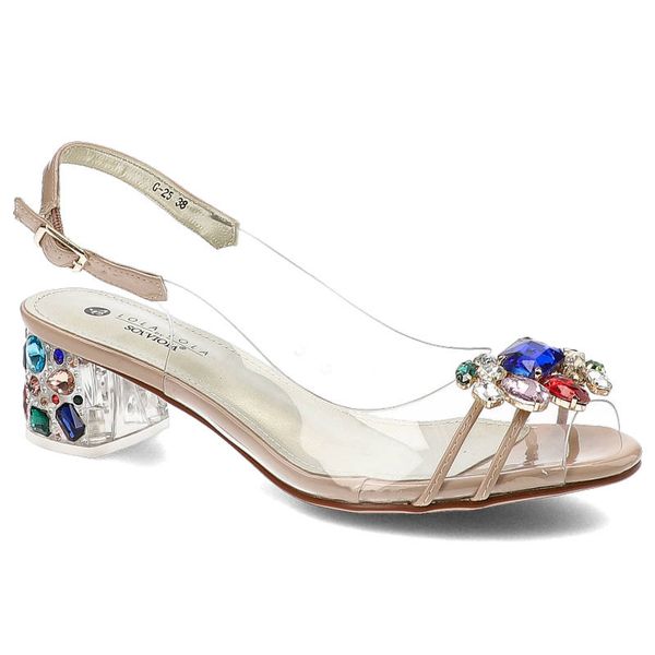 Sandaly damskie Scaviola, transparentna cholewka z dekoracyjnymi kryształami smukłe paski przy palcach regulowane zapięcie, nude, G-25. Brązowe sandały Sca'viola, bez wzorów, bez obcasa, na obcasie, bez zapięcia. Za 289,00 zł.