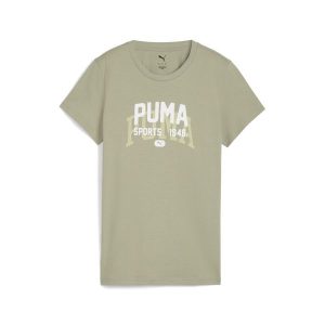 Damska koszulka z grafiką w uniwersyteckim stylu PUMA Lux Army Green. Zielone bluzki Puma, bez wzorów, sportowe, bez kołnierzyka, bez ramiączek. Za 109,00 zł.