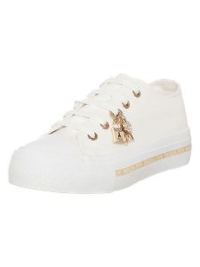 Patrizia Pepe Skórzane sneakersy w kolorze złoto-białym rozmiar: 35. Białe trampki Patrizia Pepe, bez wzorów, bez zapięcia. Za 260,99 zł.