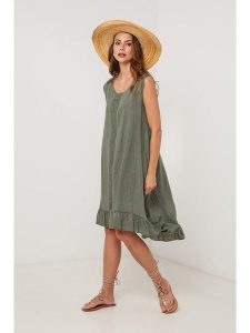 Lin Passion Lniana sukienka w kolorze khaki rozmiar: 36/38. Brązowe sukienki Lin Passion, bez wzorów, ze lnu, klasyczne, bez kołnierzyka, bez ramiączek, midi. Za 152,99 zł.