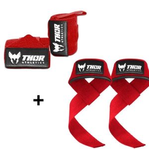 Paski do podnoszenia i opaski na nadgarstki 60 cm (elastyczne) - zestaw Czerwony. Czarne paski THOR ATHLETICS, bez wzorów, z bawełny, sportowe. W wyprzedaży za 125,95 zł.