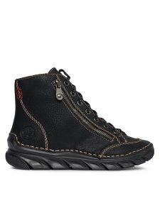 Rieker Botki 55049-00 Czarny. Czarne botki Rieker, bez wzorów, ze skóry, bez obcasa, na płaskiej podeszwie, bez zapięcia. Za 309,99 zł.