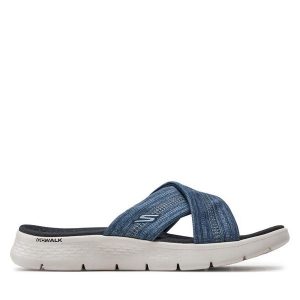 Klapki Skechers. Niebieskie klapki Skechers, bez wzorów, bez obcasa. Za 229,99 zł.