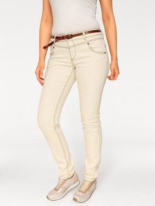 Heine Dżinsy - Skinny fit - w kolorze kremowym rozmiar: W18. Brązowe jeansy Heine, bez wzorów, z podwyższonym stanem. Za 92,21 zł.