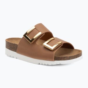 Klapki damskie Scholl Montery 2 Straps Ad Med. Brązowe klapki Scholl, bez wzorów, ze skóry, bez obcasa. Za 329,99 zł.