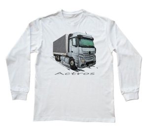 Mercedes-Benz Actros — bluzka z długim rękawem (Rozmiar: M (dorosła); Kolor koszulki: biały; Rodzaj nadruku: Mercedes-Benz Actros). Białe bluzki nikiniki, m, bez wzorów, z bawełny, bez kołnierzyka, bez ramiączek. Za 89,00 zł.