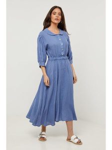 Rodier Lin Lniana sukienka w kolorze błękitnym rozmiar: XL/XXL. Niebieskie sukienki Rodier Lin, xl, bez wzorów, ze lnu, bez kołnierzyka, bez ramiączek, maxi. Za 166,88 zł.