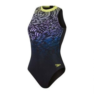 Damski kostium kąpielowy 1-częściowy Speedo Print Hydrasuit. Czarne kombinezony Speedo, bez wzorów, eleganckie, bez kołnierzyka, bez ramiączek, długie. Za 319,50 zł.