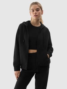 4F Bluza dresowa rozpinana z kapturem damska - czarna M. Czarne bluzy 4f, l, bez wzorów, z bawełny, z kapturem. W wyprzedaży za 79,99 zł.
