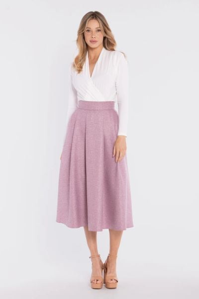 Rozkloszowana spódnica z wysokim stanem różowa. Czerwone spódnice Stylove, l, bez wzorów, z poliesteru, eleganckie, midi. Za 289,00 zł.