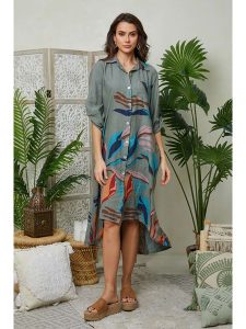Lin Passion Sukienka w kolorze khaki rozmiar: 36/38. Brązowe sukienki Lin Passion, bez wzorów, klasyczne, z asymetrycznym kołnierzem, bez ramiączek, midi, asymetryczne. Za 201,82 zł.