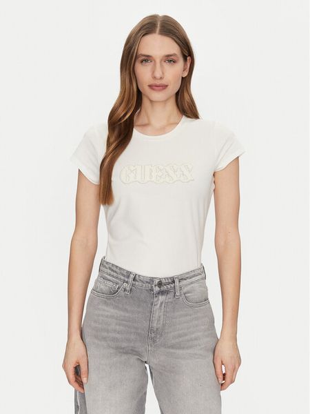 Guess T-Shirt W5GI42 J1314 Écru Regular Fit. Białe t-shirty Guess, m, z aplikacjami, z bawełny, bez kołnierzyka, bez ramiączek. Za 89,99 zł.