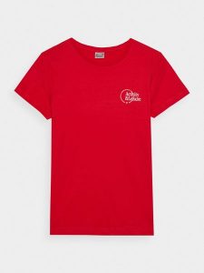 4F T-shirt slim z nadrukiem damski - czerwony M. Czerwone t-shirty 4f, m, bez wzorów, z bawełny, bez kołnierzyka, bez ramiączek. W wyprzedaży za 19,99 zł.
