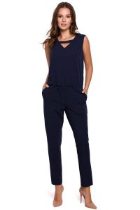 Granatowy Kombinezon bez Rękawów z Dekoltem w Serek. Niebieskie kombinezony MAKEOVER, l, bez wzorów, z elastanu, eleganckie, bez kołnierzyka, bez ramiączek. Za 194,91 zł.