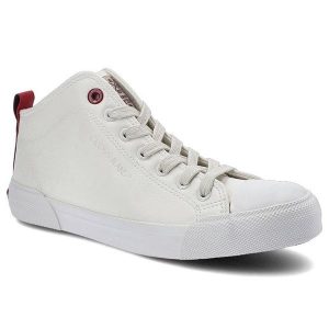 Trampki damskie Cross Jeans, wysokiej jakości materiał syntetyczny z gładką podwyższoną cholewką klasycznym sznurowaniem oraz stabilną grubszą podesz. Białe trampki Cross Jeans, bez wzorów, z gumy, bez zapięcia. Za 99,99 zł.