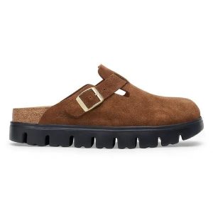 BIRKENSTOCK Boston Chunky LEVE Dark Tea/Black Klapki damskie. Brązowe klapki Birkenstock, bez wzorów, z dzianiny, bez obcasa, na platformie. Za 499,99 zł.