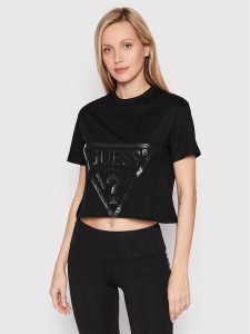 Guess T-Shirt V2YI06 K8HM0 Czarny Regular Fit. Czarne t-shirty Guess, l, z aplikacjami, z bawełny, bez kołnierzyka, bez ramiączek. Za 99,99 zł.