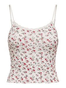 ONLY Top w kolorze biało-czerwonym rozmiar: S. Białe topy ONLY, s, bez wzorów, z bawełny, bez kołnierzyka, bez ramiączek. Za 30,99 zł.