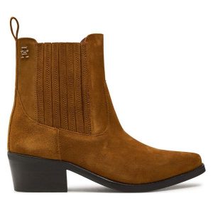 Botki Tommy Hilfiger. Brązowe botki TOMMY HILFIGER, bez wzorów, bez obcasa, na słupku, bez zapięcia. Za 369,99 zł.