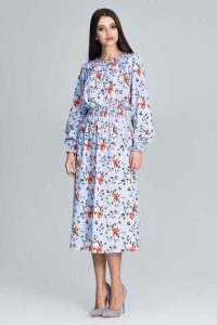Stylowa Sukienka w Barwny Deseń z Bufiastym Rękawem - Wzór 76. Niebieskie sukienki Figl, na lato, m, bez wzorów, z elastanu, eleganckie, bez kołnierzyka, bez ramiączek. Za 299,00 zł.