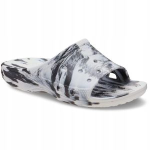 Klapki Dla Dorosłych Crocs Saturday Marbled Slide. Czarne klapki Crocs, bez wzorów, z materiału, bez obcasa. Za 129,99 zł.