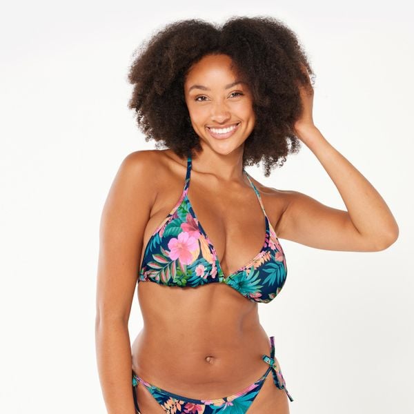 Góra kostiumu kąpielowego surfingowego damska Olaian Mae Borabora. Niebieskie bikini DECATHLON, bez wzorów, z elastanu. W wyprzedaży za 19,99 zł.